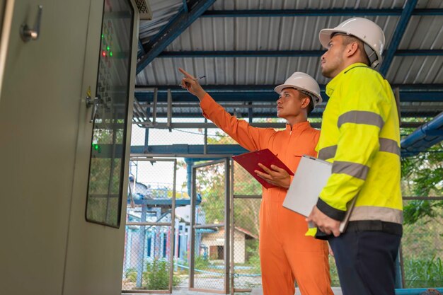 electrical engineer man checking voltage power distribution cabinetpreventive maintenance yearlysupervisor working wastewater treatment plant 44277 28699